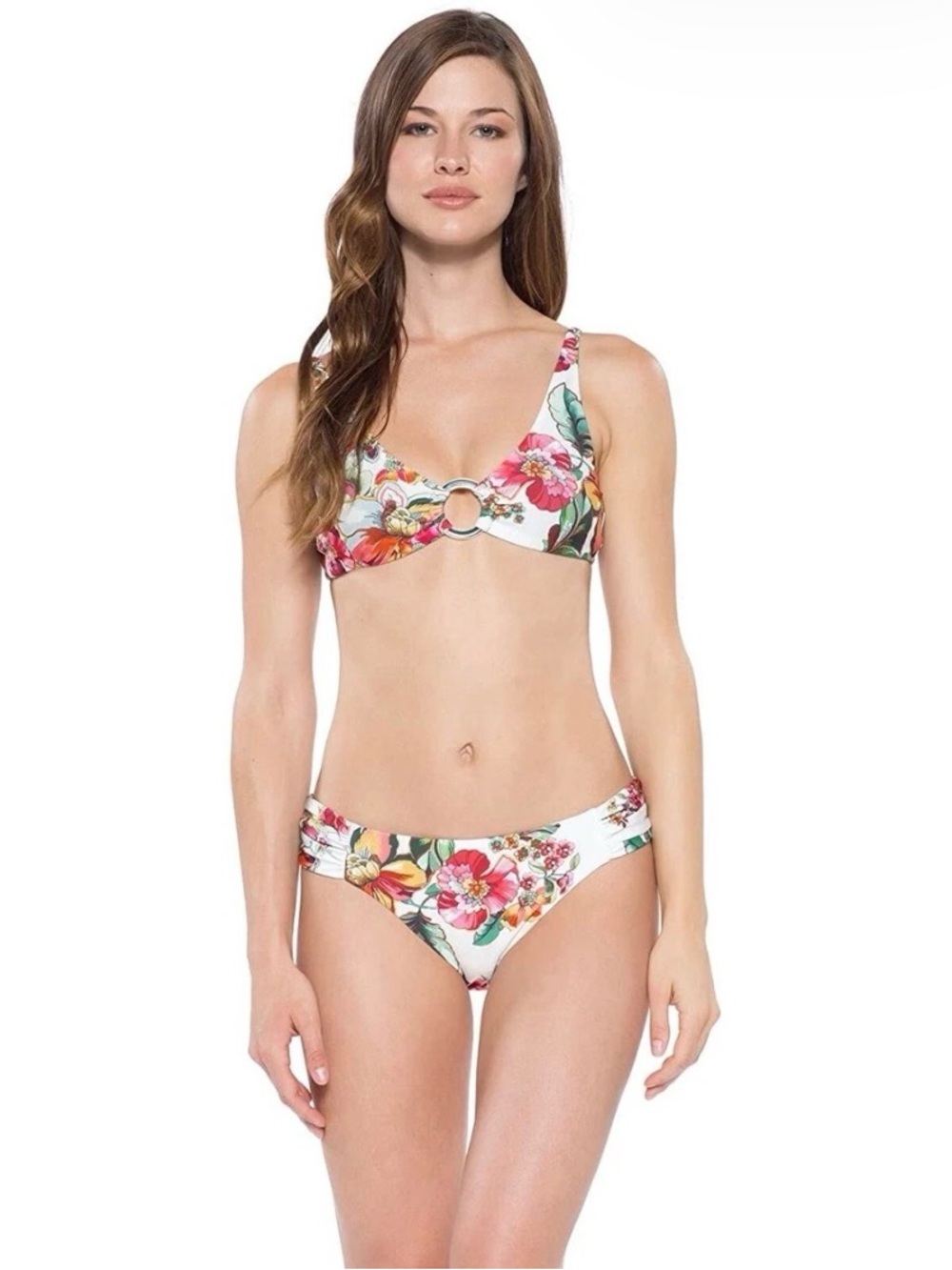 BECCA White Floral Bikini with Coral, Teal and Yellow Blooms